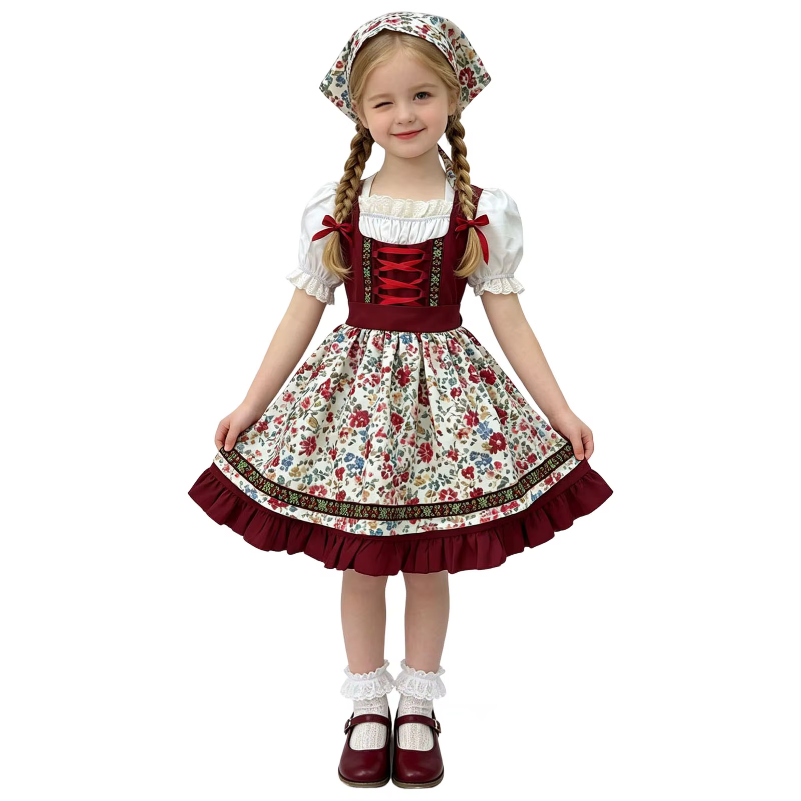 Costume de demoiselle d'honneur pour enfants, ensemble de 4 pièces avec robe Dirndl, tablier, foular