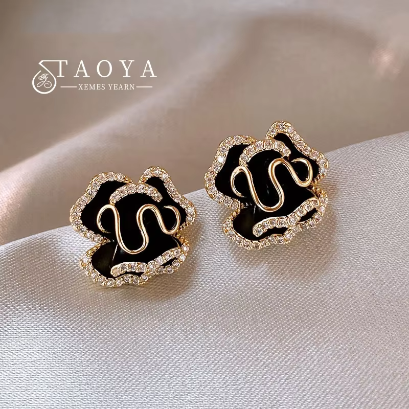 Boucles d'oreilles de luxe en Zircon pour femmes, Micro ensemble de fleurs de camélia noires, mode c