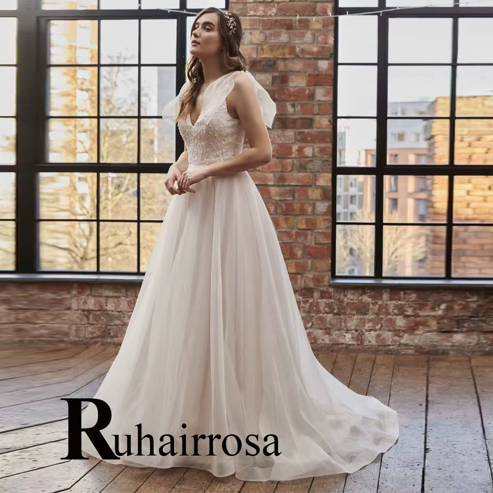 Ruhair – robe De mariée formelle raffinée, ligne a, bretelles Spaghetti, boutons appliqués, col en v