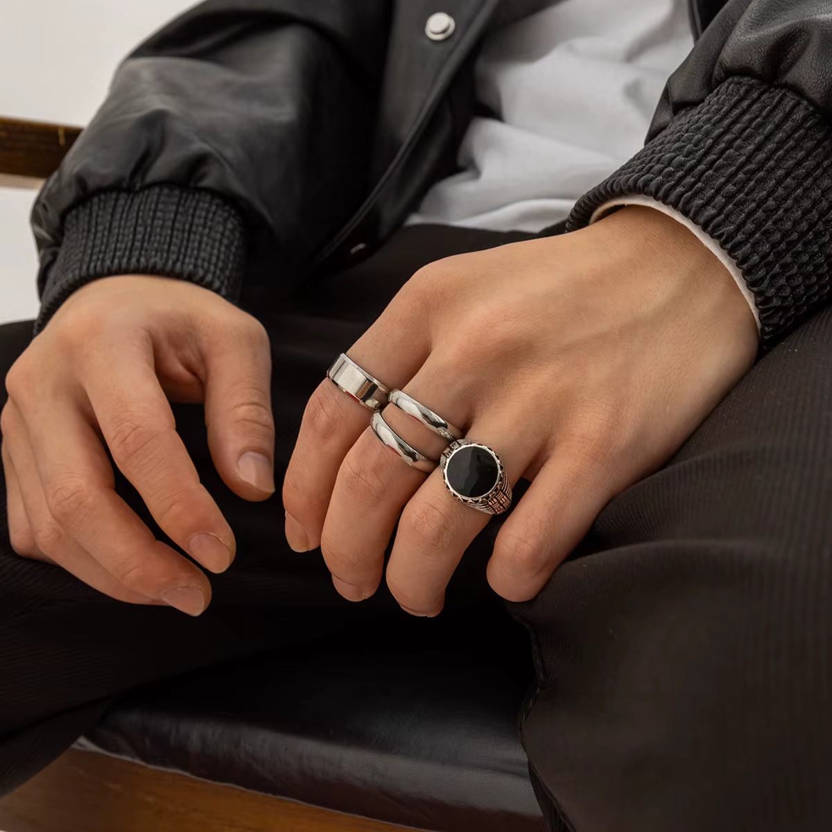 Bague géométrique gothique Vintage couleur argent pour hommes, Punk neutre sculpté en acier titane, 