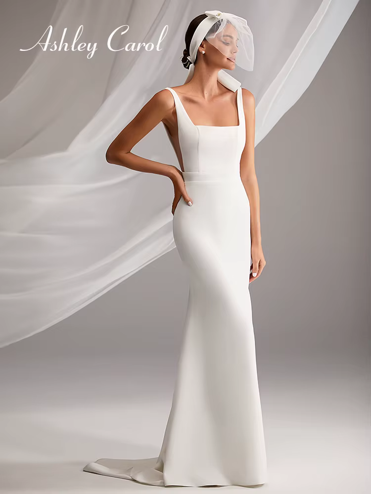 Ashley Carol-Robes de mariée sirène en satin pour femmes, robes de mariée sexy, col carré, gaine, ro