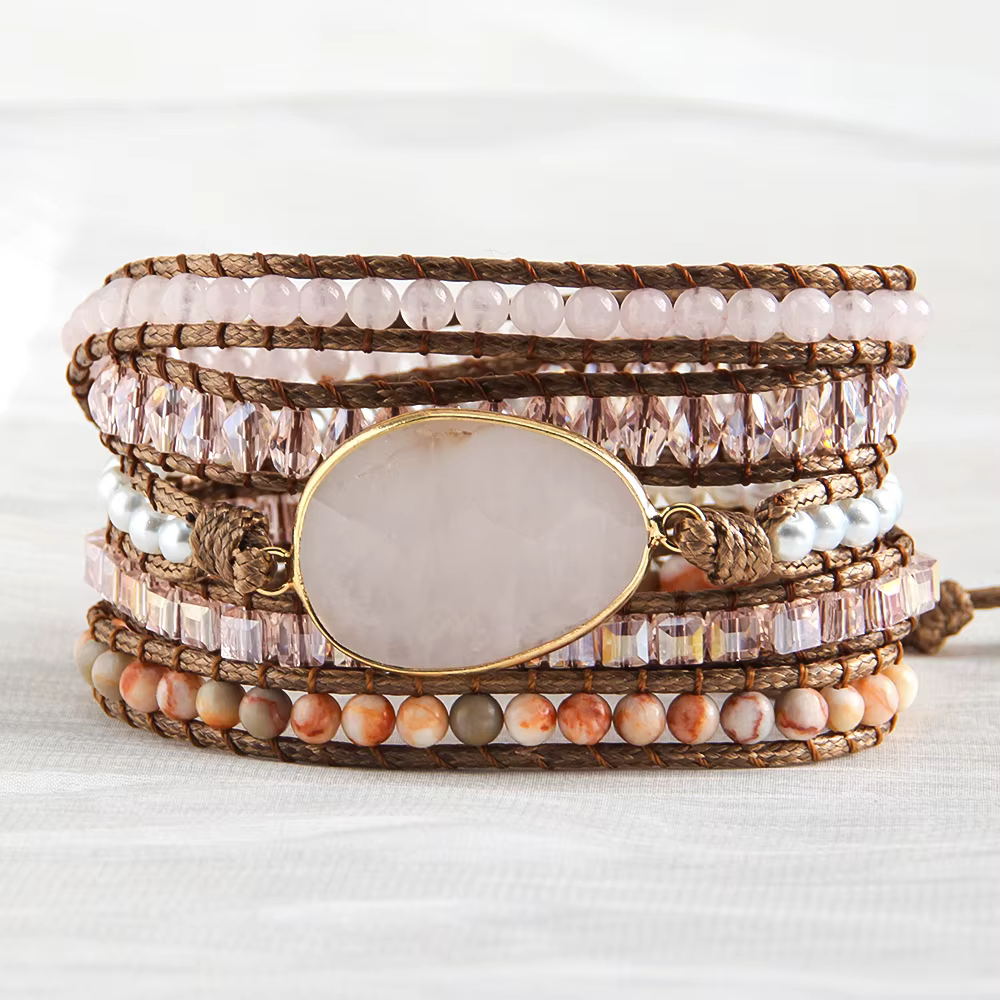 Bracelet enroulé à 5 rangées tissé à la main, bijoux créatifs, rétro, cristal de poudre, pierre natu