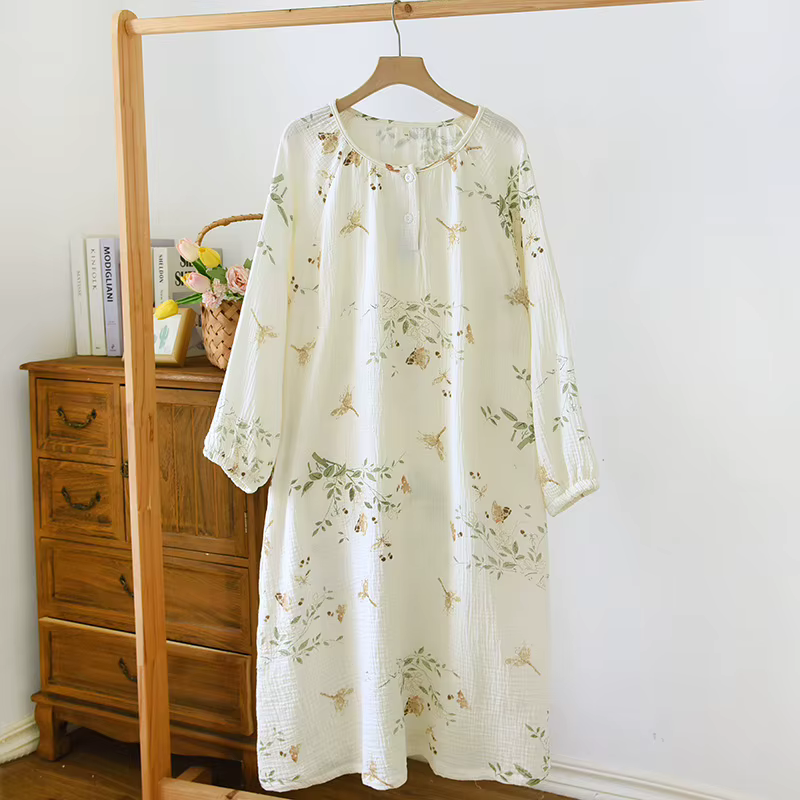 Robes à fleurs en gaze de coton 100% pour femmes, décontractées, couleur unie, manches longues, à la