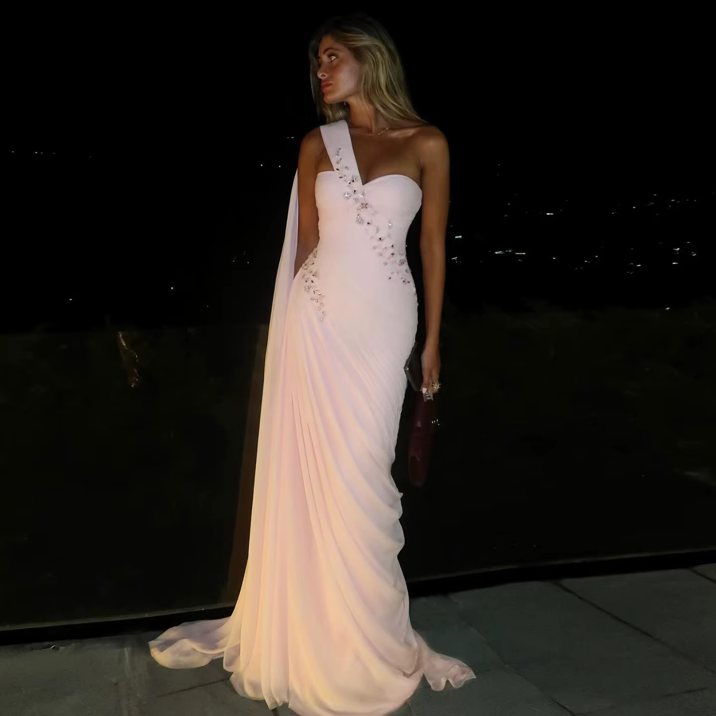 Sharon Sai élégant rose clair chérie drapée robes de soirée avec une épaule femmes robe de mariée fo