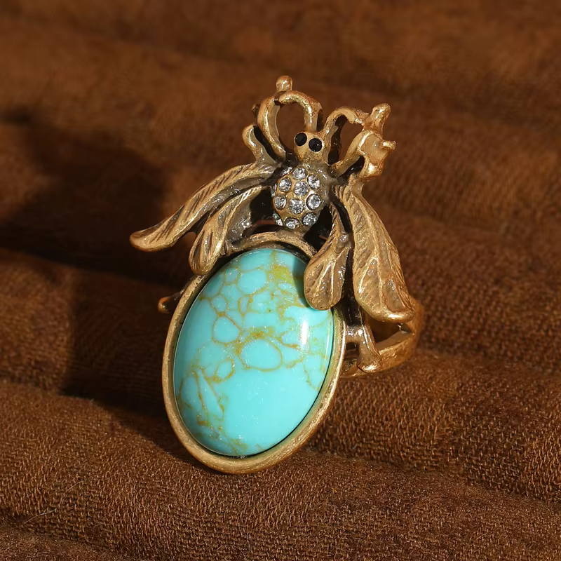 Parure de bijoux vintage en turquoise avec portrait camée, plaqué or antique, pendentif abeille en s