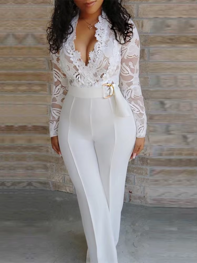 Combinaisons Blanches en Dentelle pour Femme, Pantalon à Manches sulf, Col en V, Jambes Larges, avec