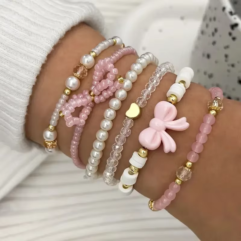 Bracelets à nœud papillon en perles roses Y2K, ensemble de bijoux de Style bohème pour femmes, 6 acc