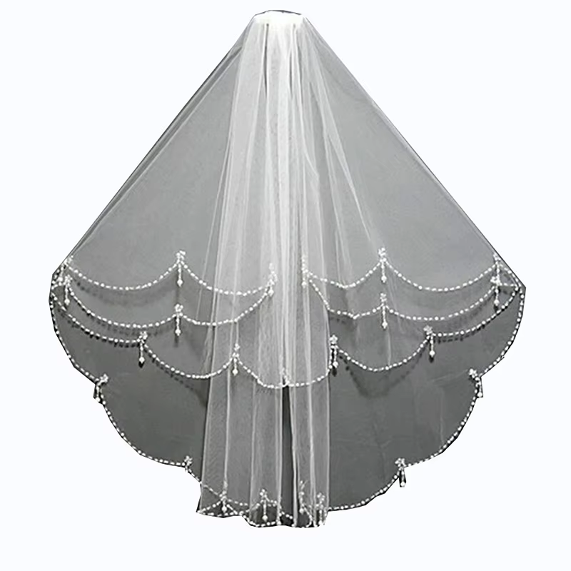 Voile de mariage pour femmes avec peigne, 2 couches de perles en Tulle, accessoires de mariée