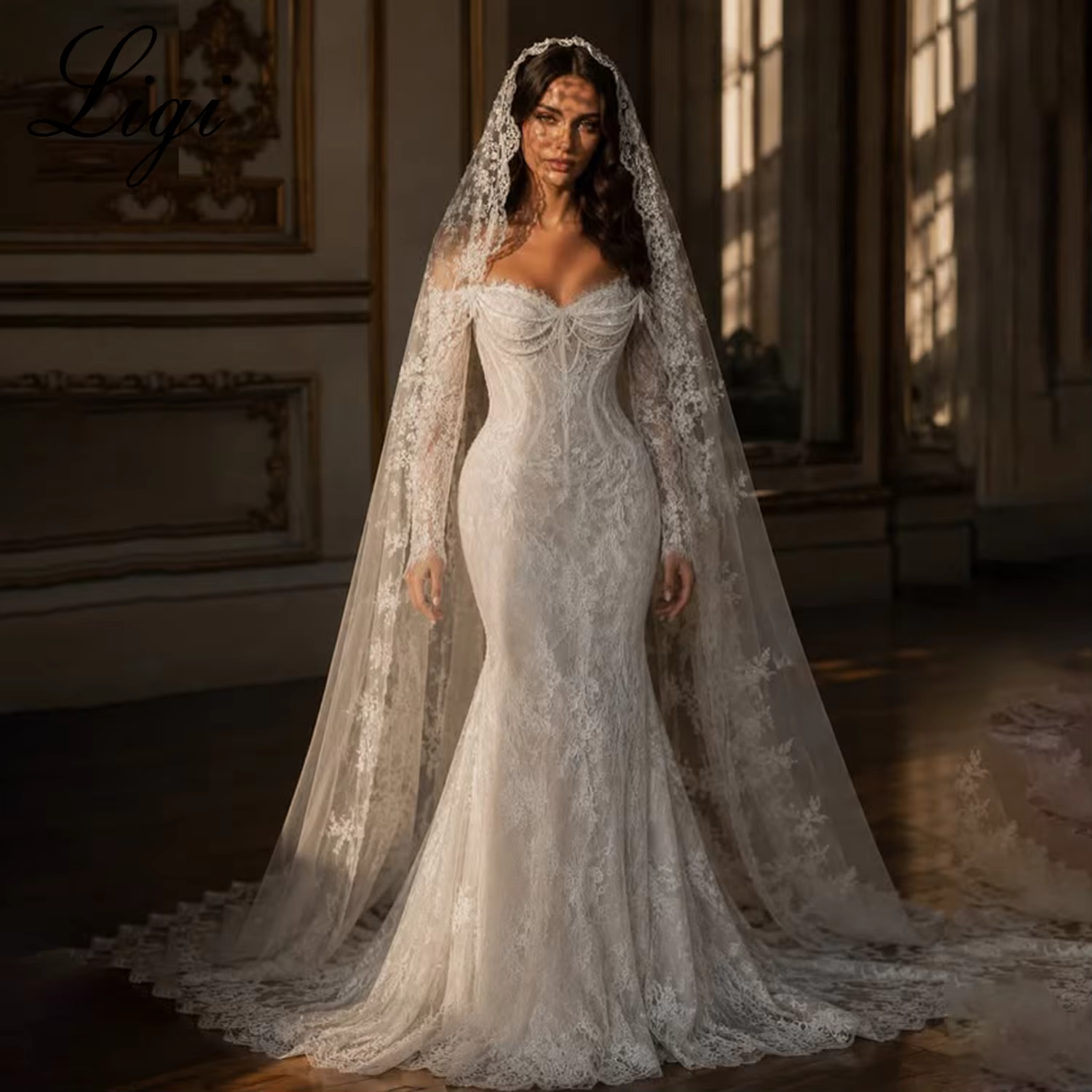 Robes de mariée sirène de luxe LIGI en dentelle intégrale, épaules dénudées, manches longues, style 