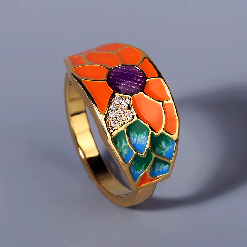Bague dorée en émail époxy pour femmes, exquise, faite à la main, tournesol, zircon orange, bijoux d