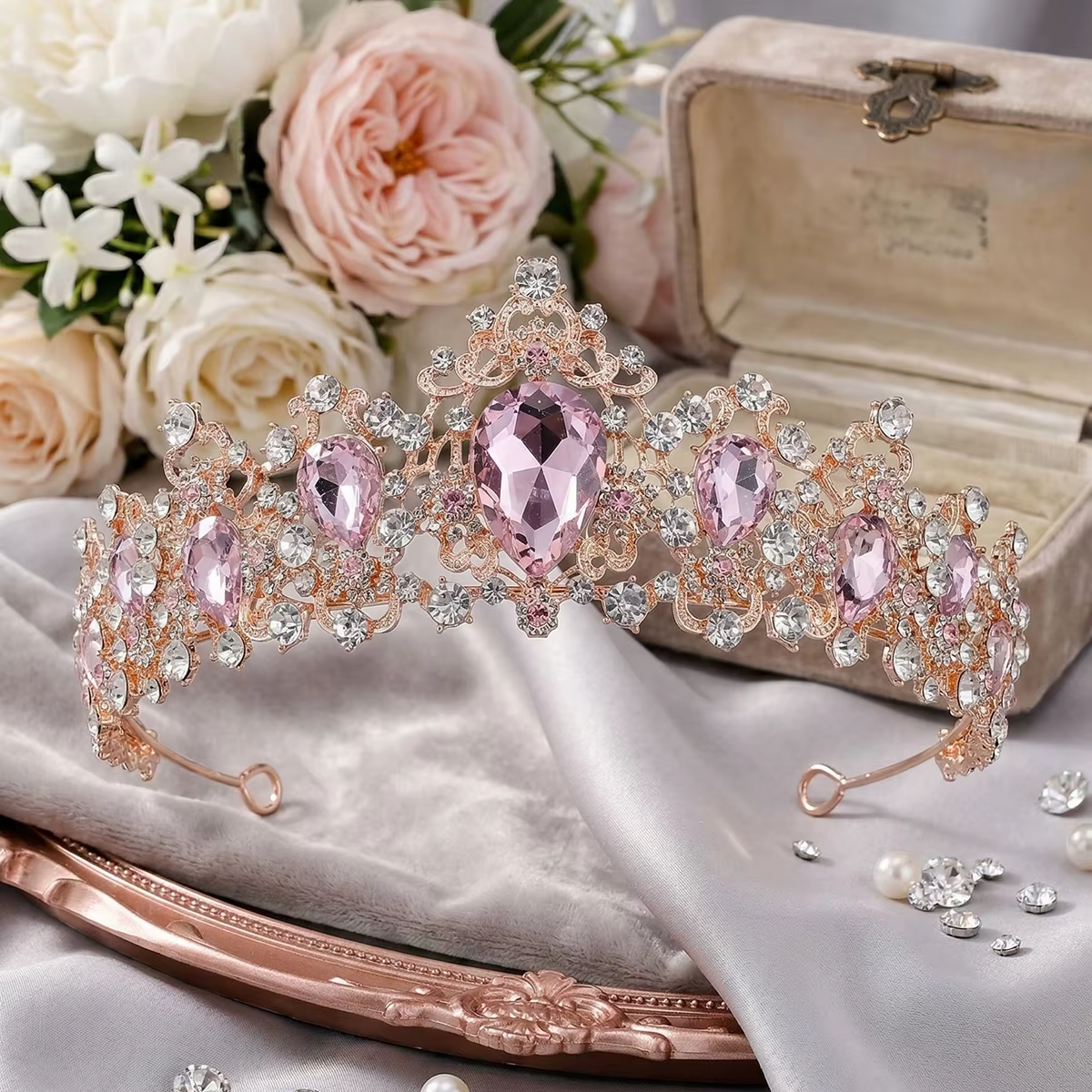 Diadème de Mariée Luxe Vintage Or Rose, Couronne Goutte d'Eau en Cristal Violet, Diadème Reine en St