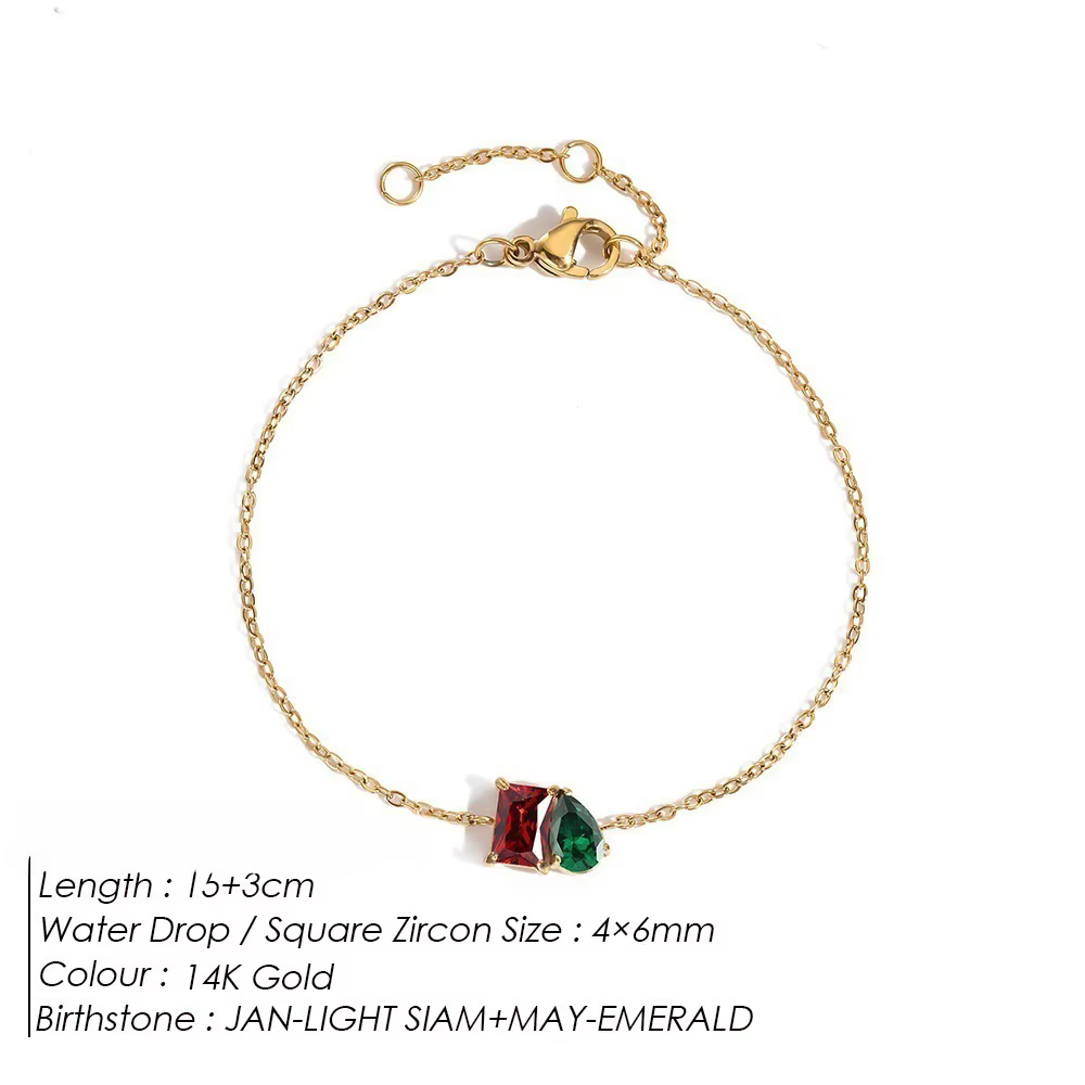 Bracelet Toi et Moi avec pierres de naissance pour femme, en acier inoxydable plaqué or, double pier