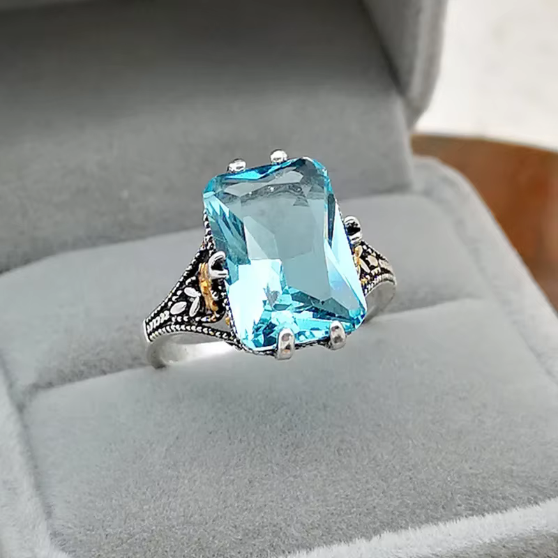 Bijoux pour femmes, bague en argent S925, bague en topaze bleue de haute mer, bague fleur bicolore