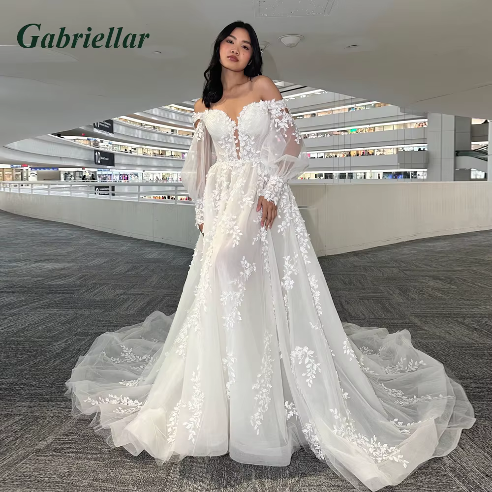 Gabriellar glamour chérie robes De mariée avec manches lanterne a-ligne chapelle Train Brudekjole De