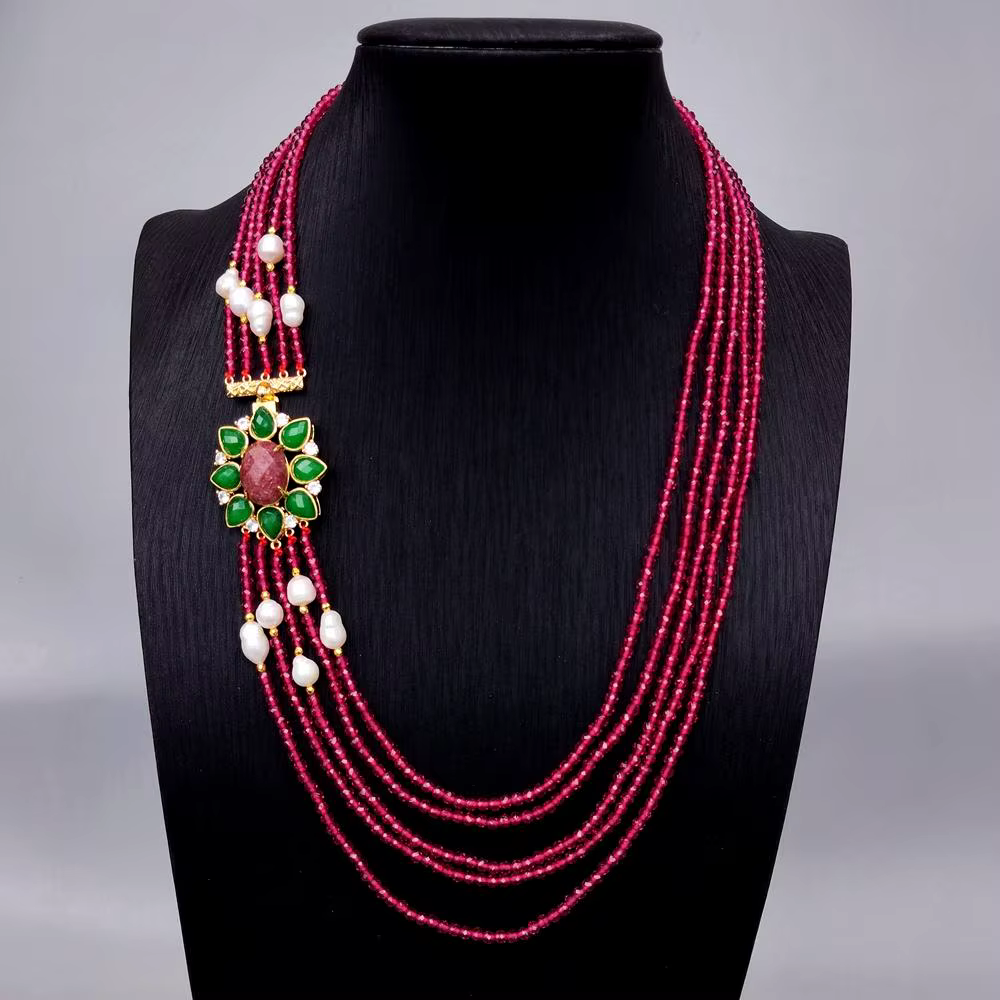 YYGEM 5 brins cristal rouge perle blanche déclaration collier épais vert Jade fraise Quartz fermoir 
