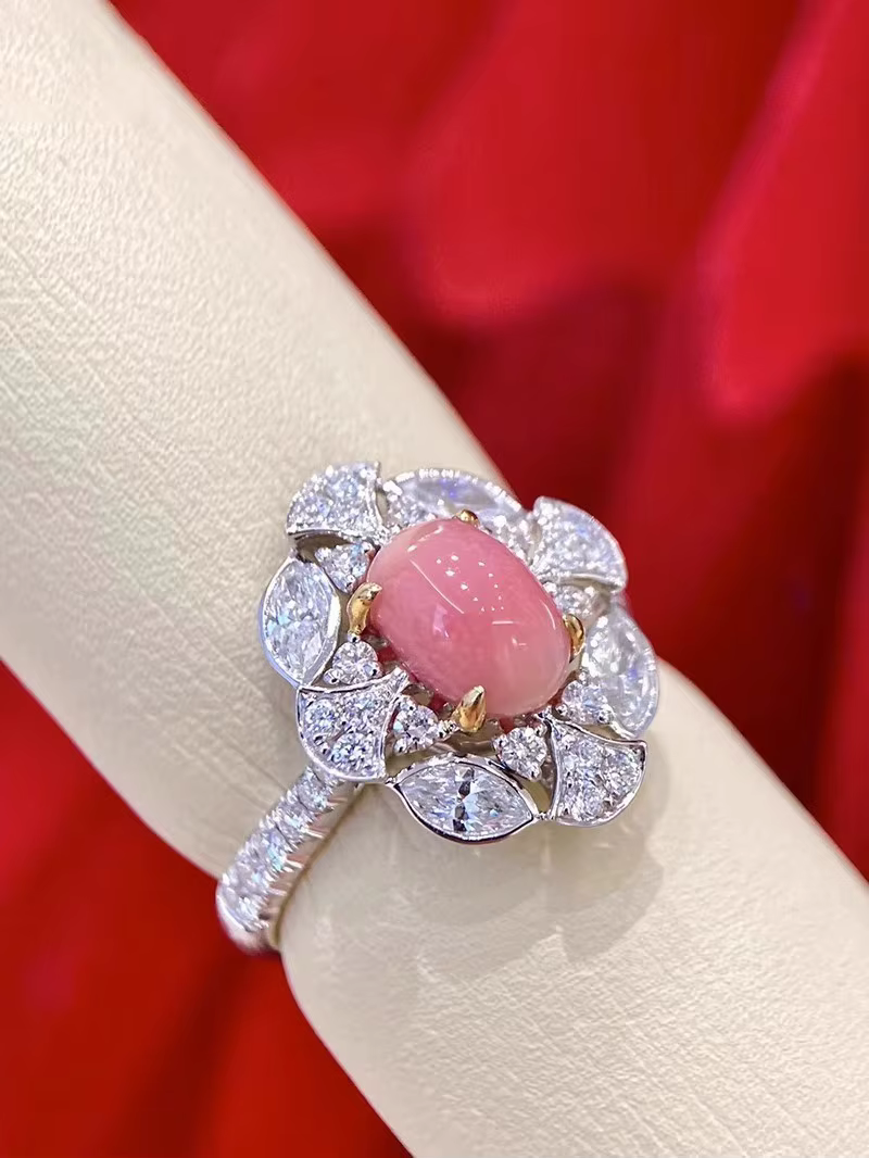 Bague en argent ajustable pour femme avec perle naturelle de conque et fleur de diamant, perle rose,