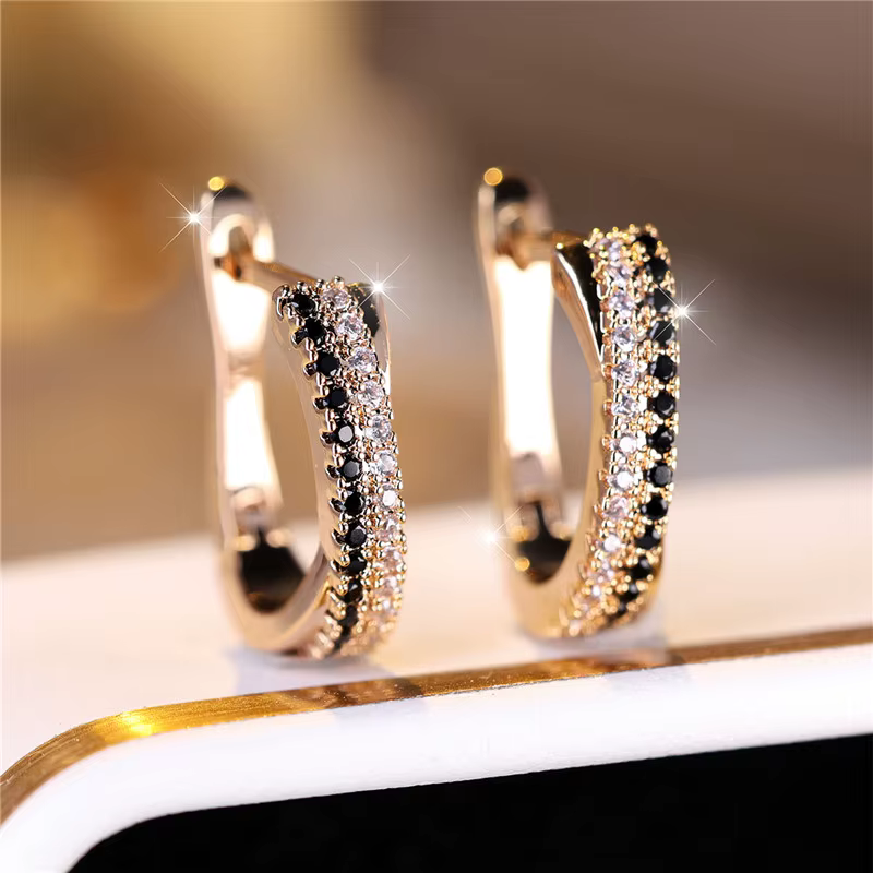 Boucles d'oreilles de luxe en pierre de Zircon noir et blanc pour femmes, breloque couleur or, bijou