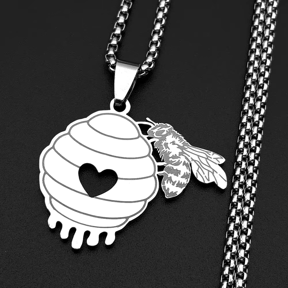 Collier pendentif en forme de cœur d'abeille pour femmes et couples, en acier inoxydable, couleur or