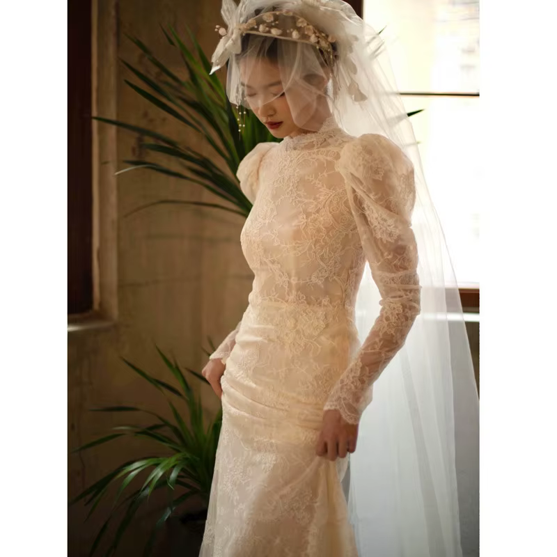 Robe de mariée légère française rétro, manches longues, queue de poisson, en dentelle, pour photogra
