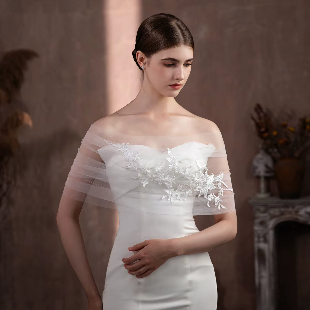 SLBRIDAL Élégant châle de mariée blanc en dentelle à fleurs, voiles et accessoires de mariage pour l