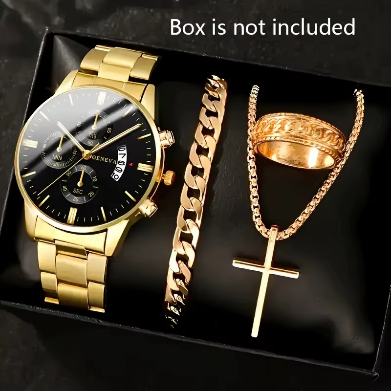 Ensemble de bijoux pour homme, montre à quartz de luxe, collier en or avec pendentif croix, bracelet