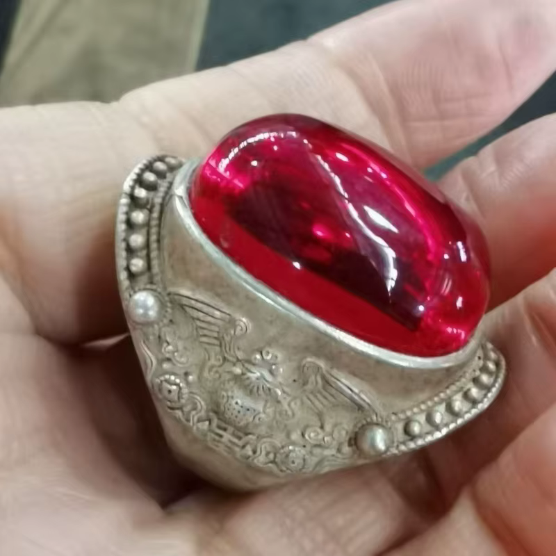 Bague ouverte vintage en argent incrustée de rubis, motif porte-bonheur, bijou ajustable en argent p
