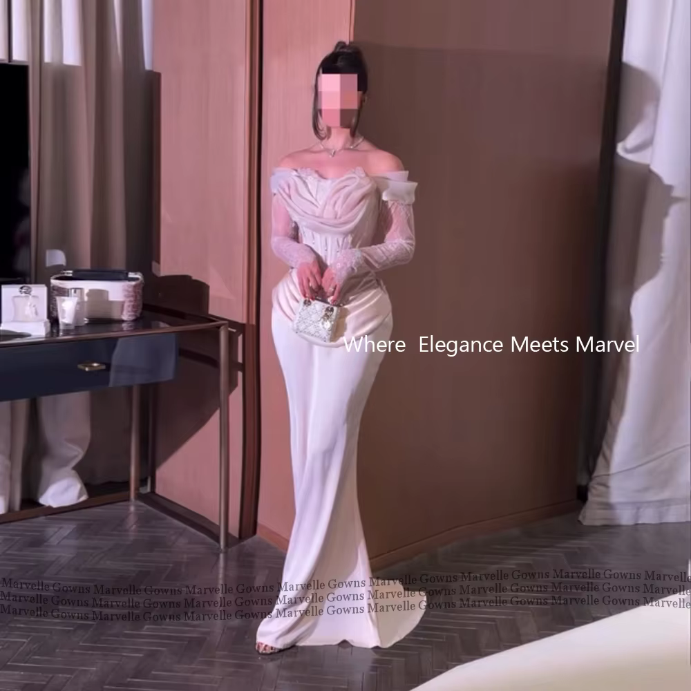 MG Custom – robe de soirée blanche élégante, en dentelle, épaules dénudées, plissée, perlée, robe de