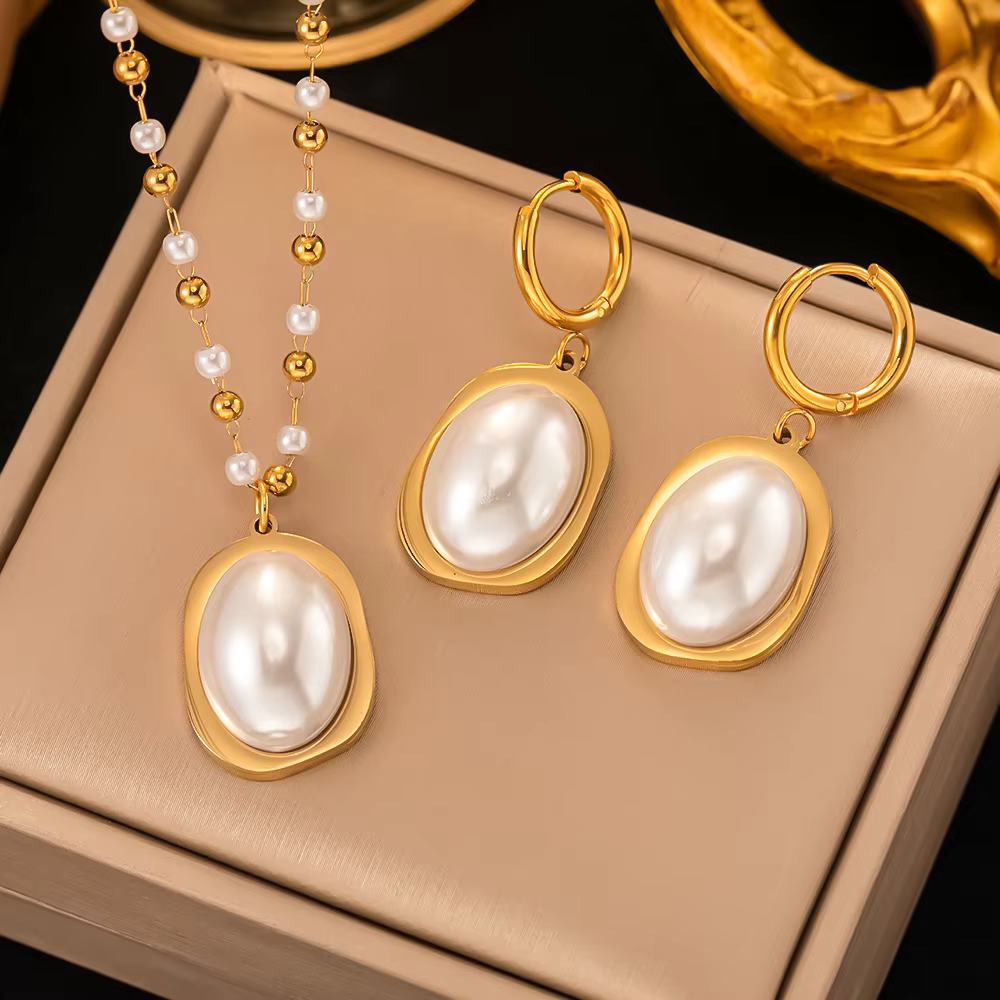 ASONSTEEL luxe Imitation perle pendentif collier boucles d'oreilles ensembles de bijoux en acier ino