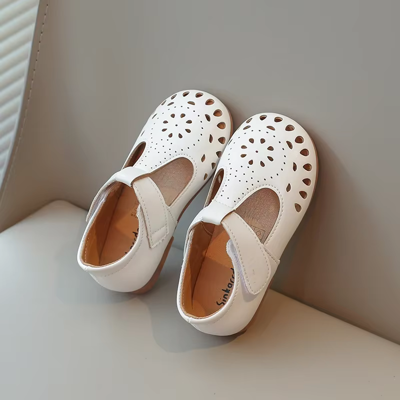 Chaussures en cuir respirantes avec sangle en T pour bébé fille, ajourées et souples, avec découpes,