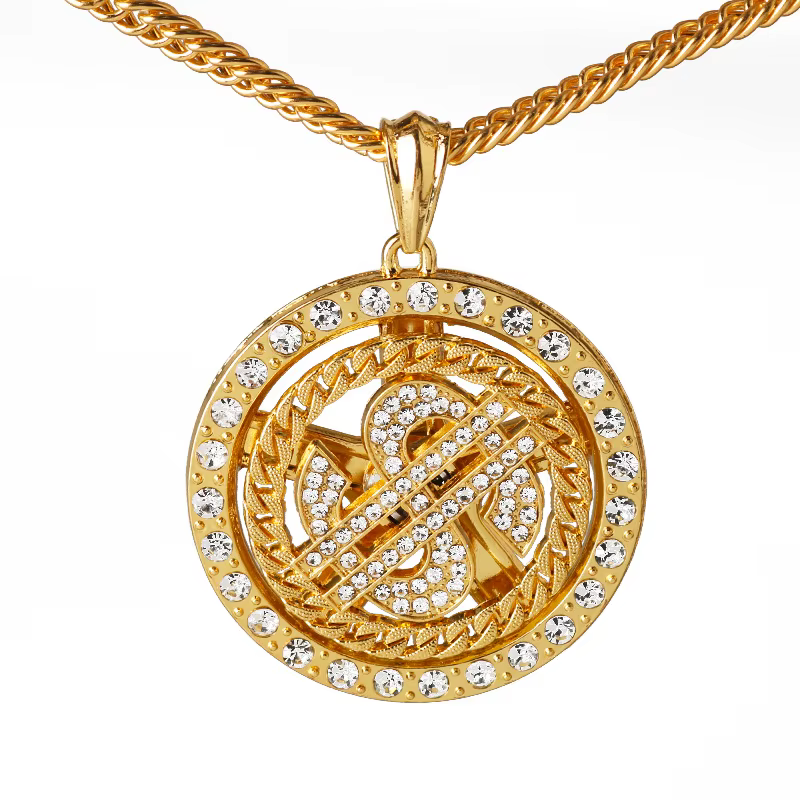 Mode cristal grand Raotatable Dollar américain collier signe d'argent pendentif collier hommes Hip H