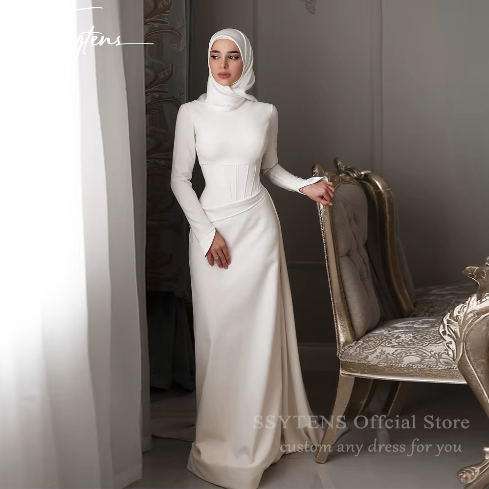 Robes de mariée modestes SSYTENS pour femmes 2026 – Robe de mariée musulmane à col montant et voile,