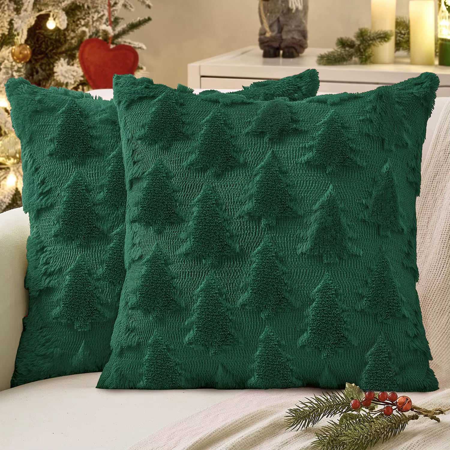 Housses de coussin de noël, lot de 2 housses d'oreiller arbre de noël 18x18, taies d'oreiller en fau