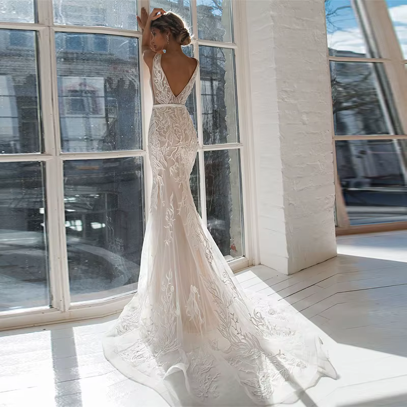 Robe De mariée sirène Vintage, avec des Appliques exquises, sans manches, ceintures, en Tulle, Sexy,