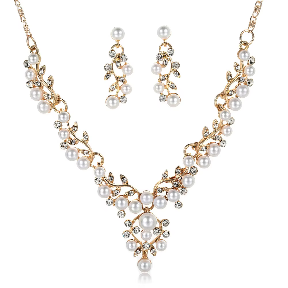 Ensemble de bijoux Vintage élégants en perles simulées pour femmes, ensemble collier et boucles d'or