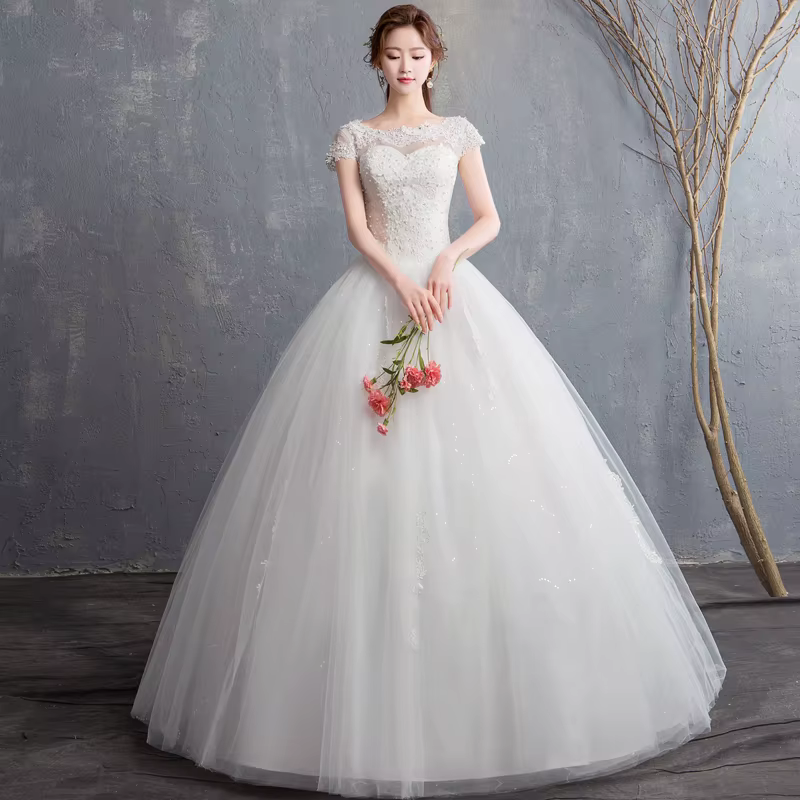 Robe de mariée en dentelle à col rond, grande taille, appliques avec mancherons, perles oniriques, b