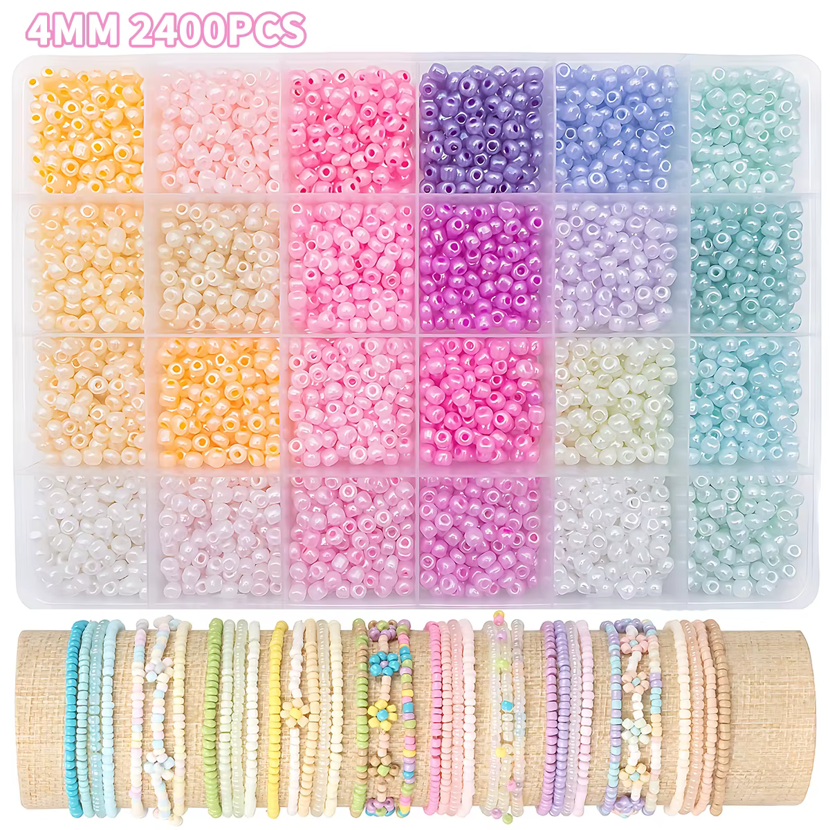 Kit d'assortiment de perles de rocaille en verre 24 couleurs, 2/3/4mm 12000/5760/2400 pièces de perl