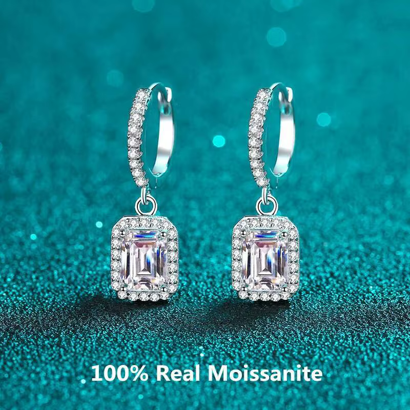 Boucles d'oreilles JoiasHome en moissanite taille émeraude 1 carat, argent sterling 925 plaqué or bl