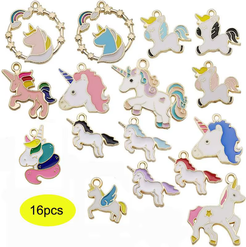 16 pièces pendentif à breloques licorne en émail plaqué or pour la fabrication de bijoux collier Bra