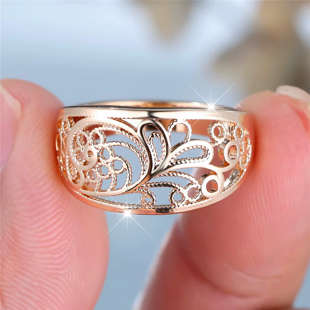 Bague de fiançailles à breloque pour femme, fleur, plante, Vintage, couleur or jaune, bijoux de mari