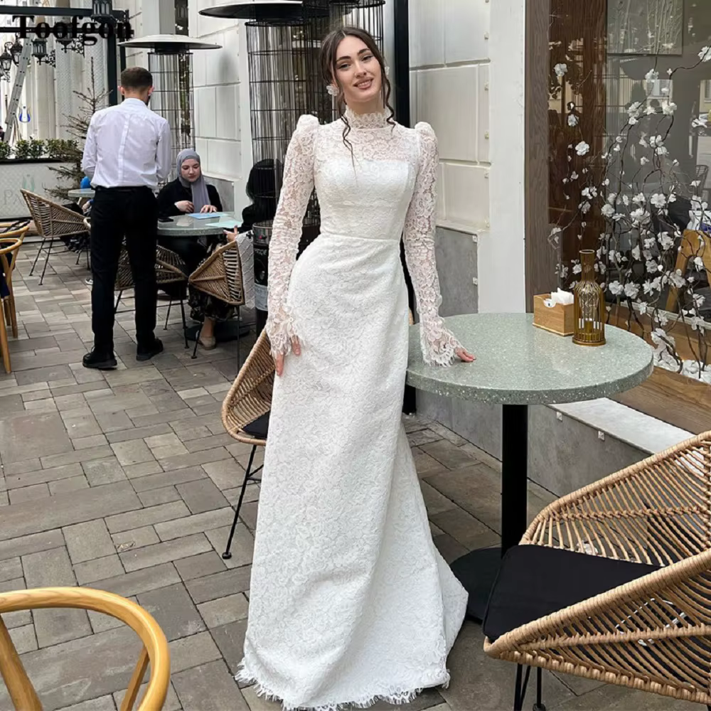 Toofgon-Robes de mariée formelles en dentelle délicate, manches longues, col haut, boutons, patients