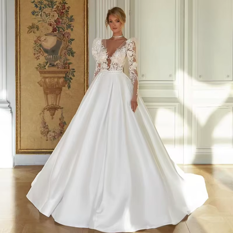 Robe De mariée classique en Satin Surah avec dentelle brodée, ligne a, col rond, manches bouffantes,