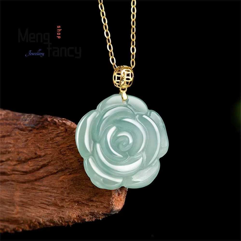 Jadéite naturelle, boucle en or 18 carats, tête glacée, pendentif en Jade Rose d'eau bleue, luxe exq
