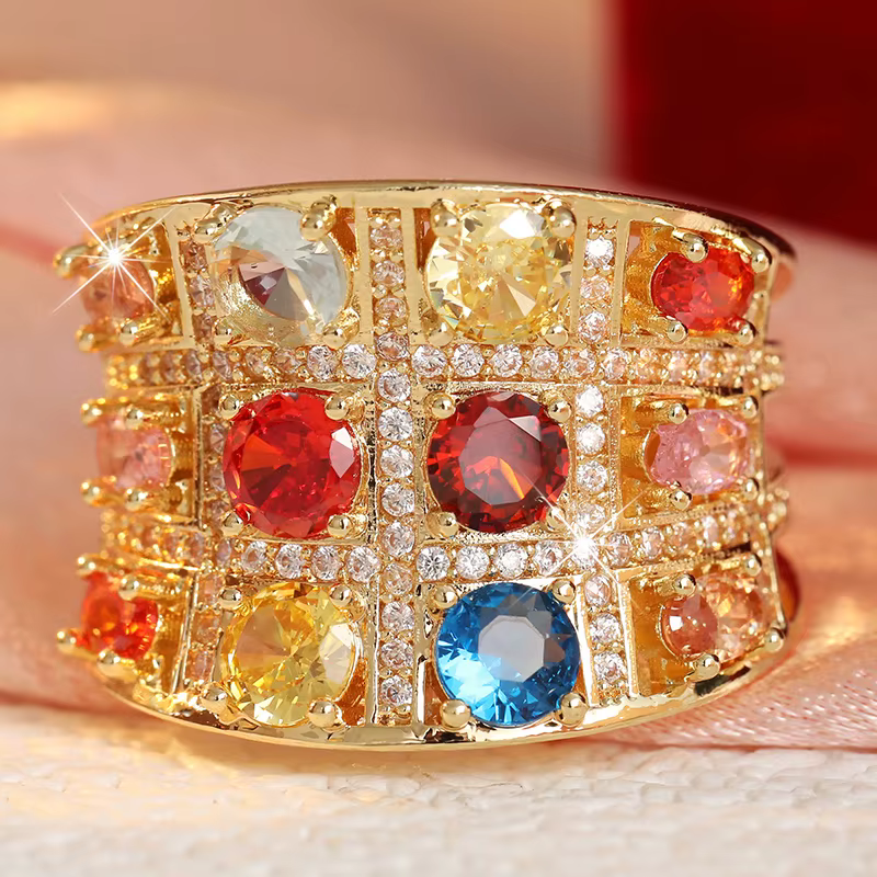 Bague vintage multicolore en zircon pour femme, style luxueux, scintillante, accessoire de fête, bij