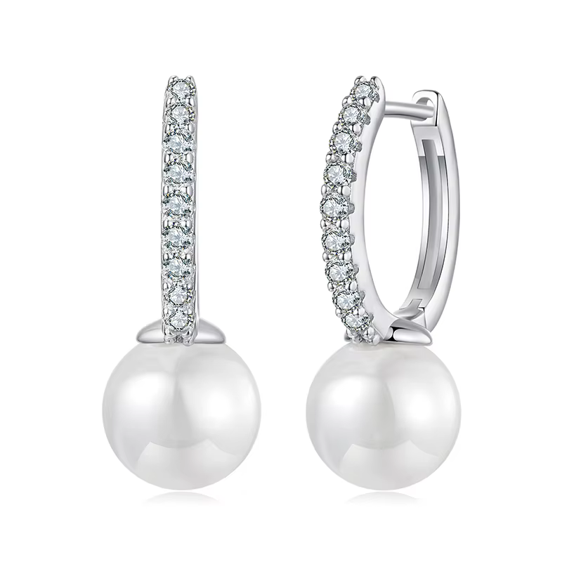 BAMOER-Boucles d'oreilles créoles Moissanite en argent regardé 925 avec perle, plaqué or blanc, bouc
