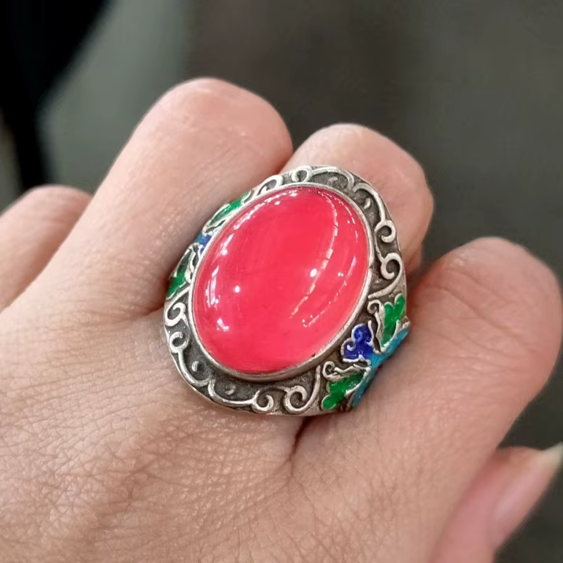 Bague vintage antique en argent incrustée de corail, style tibétain, bague ouverte audacieuse pour l