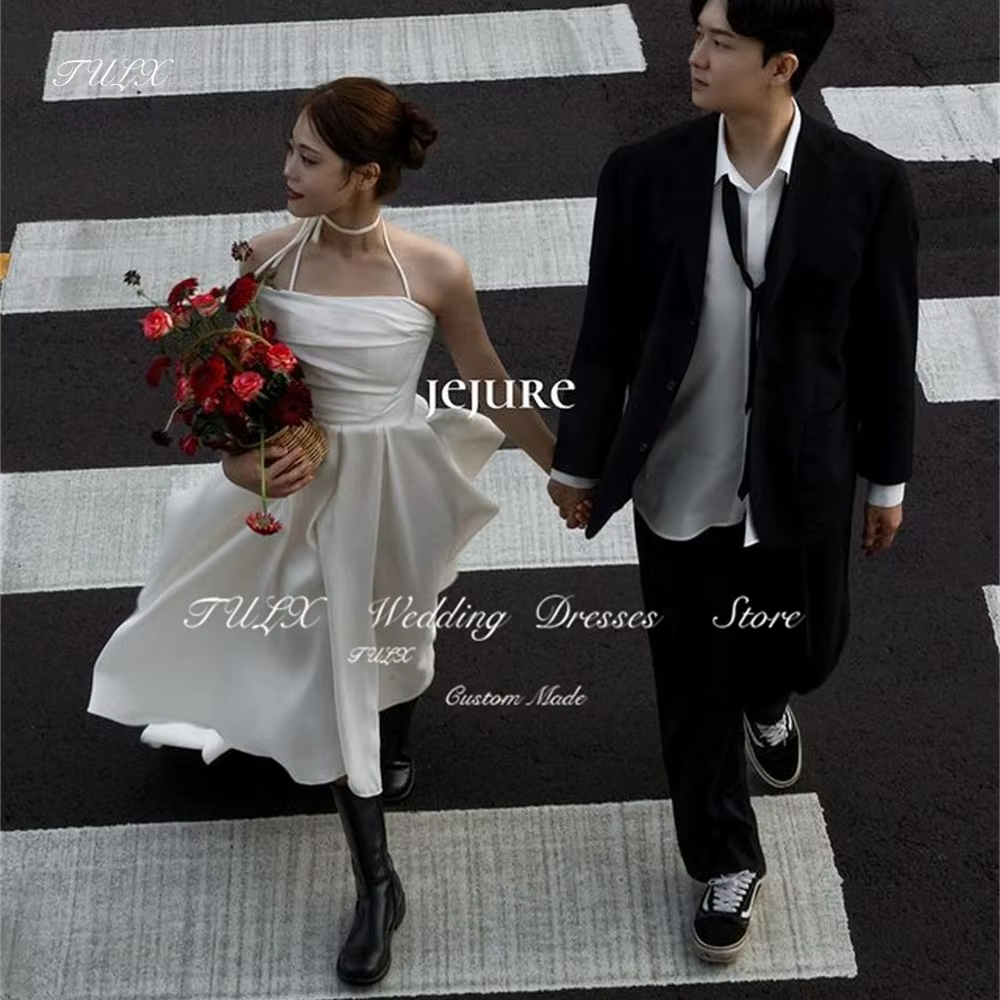 TULX Simple soie Satin corée robes de soirée de mariage séance Photo une épaule thé longueur robes d