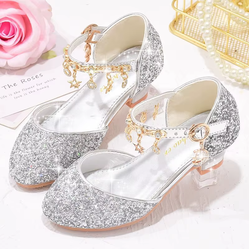 Chaussures de danse dorées pour filles, chaussures à paillettes à talons, chaussures de princesse po