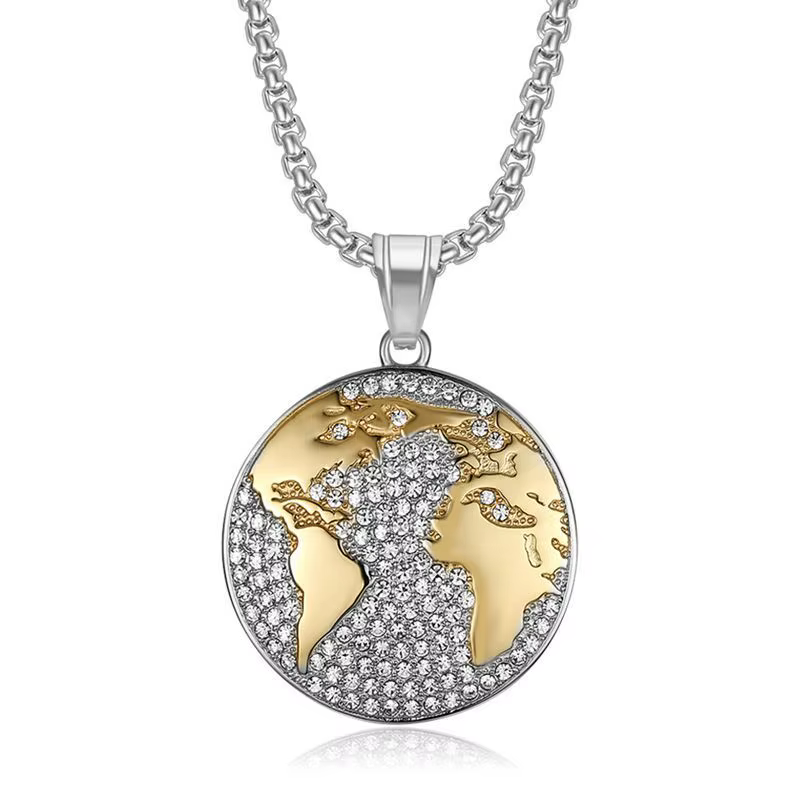 Megin D-Pendentif Rond en Acier Inoxydable Titane, Carte du Monde, Collier Hip Hop, Bijoux Cadeau po