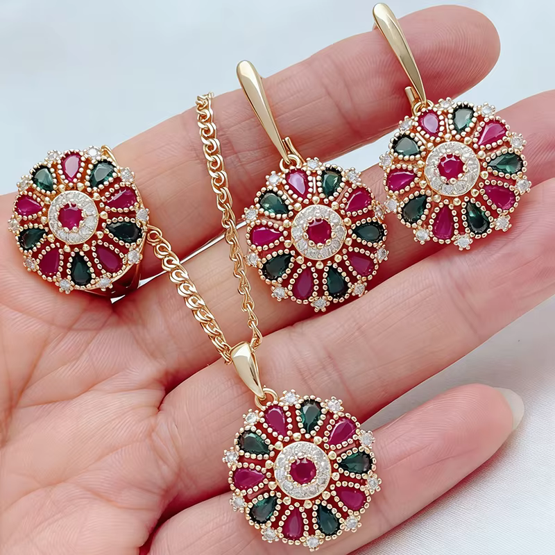 Kinel – collier, boucles d'oreilles et bague ethniques en cristal pour femmes, ensemble de bijoux en