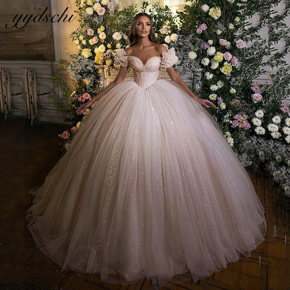 Robes de mariée 2025 scintillantes, élégantes, style princesse, épaules dénudées, fermeture éclair a